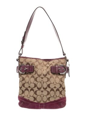 Coach 💜 Khaki Signature Shoulder Bag with Plum Leather / Suede Trim Vintage Y2K